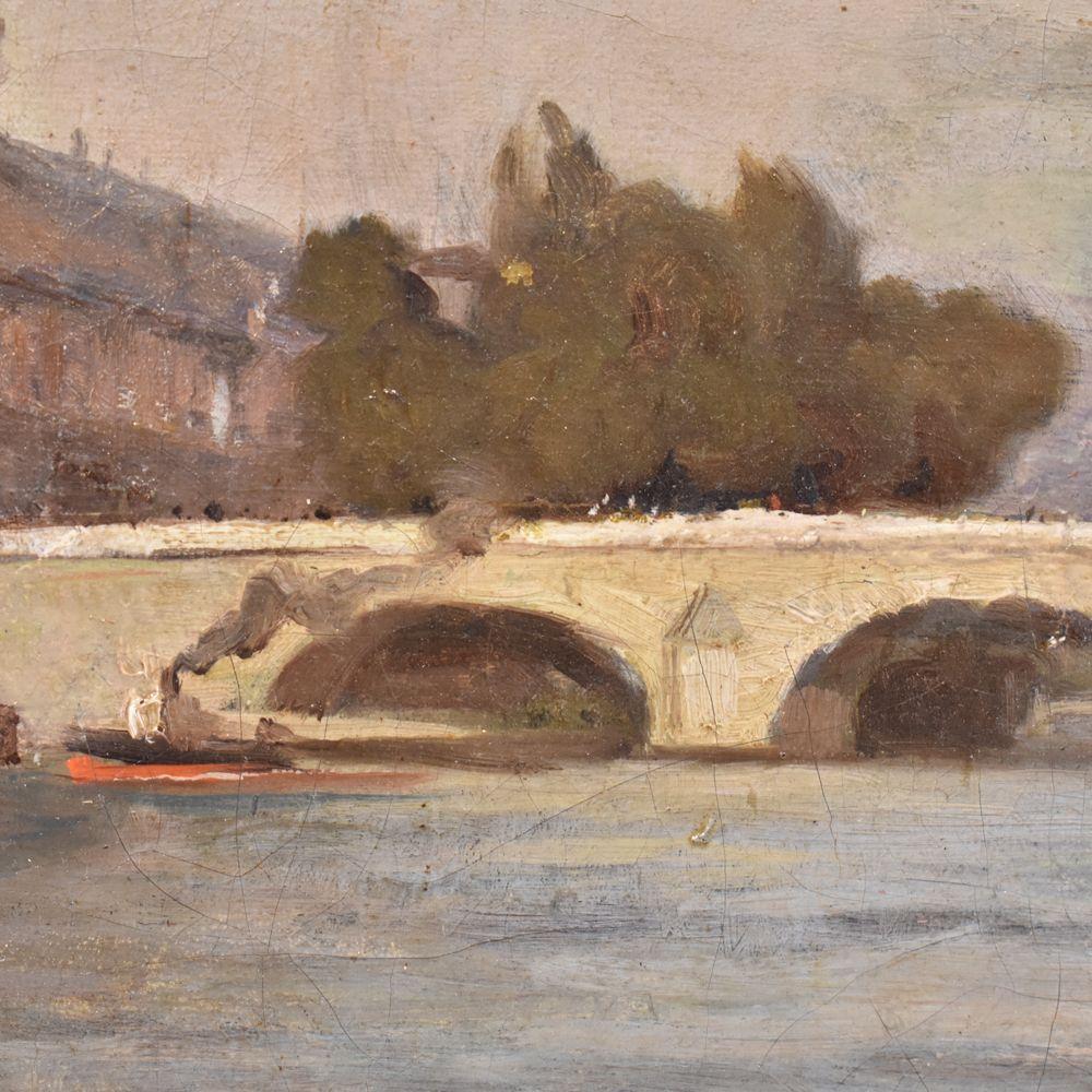 Pintura del Viejo Maestro, Paisaje con el Puente Nuevo de París, Óleo sobre lienzo, Finales del Siglo XIX. Napoleón III en venta