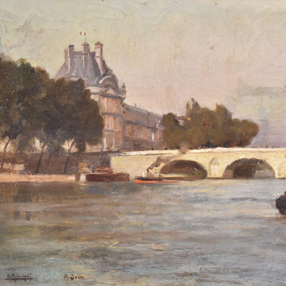 Pintura del Viejo Maestro, Paisaje con el Puente Nuevo de París, Óleo sobre lienzo, Finales del Siglo XIX. French en venta