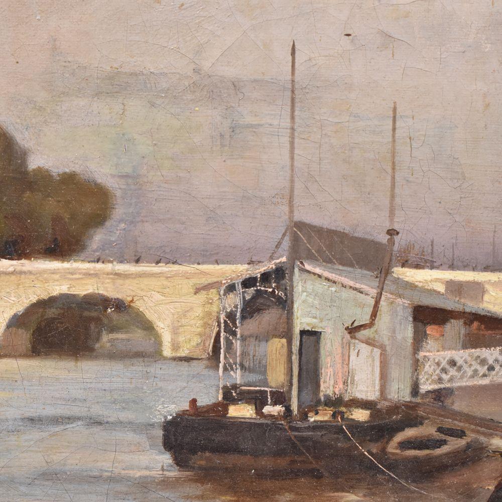 Pintura del Viejo Maestro, Paisaje con el Puente Nuevo de París, Óleo sobre lienzo, Finales del Siglo XIX. Aceitado en venta