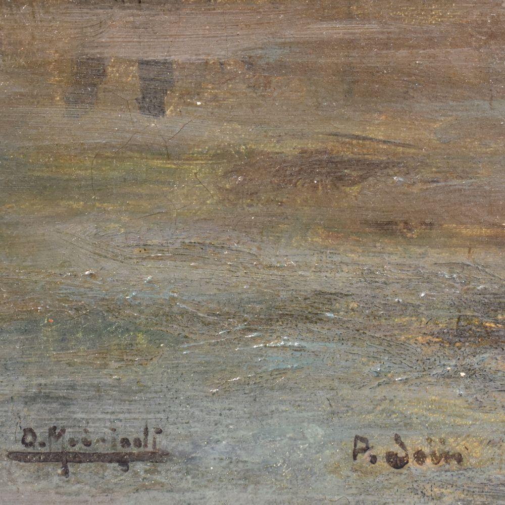 Pintura del Viejo Maestro, Paisaje con el Puente Nuevo de París, Óleo sobre lienzo, Finales del Siglo XIX. en Bueno estado para la venta en Breganze, VI