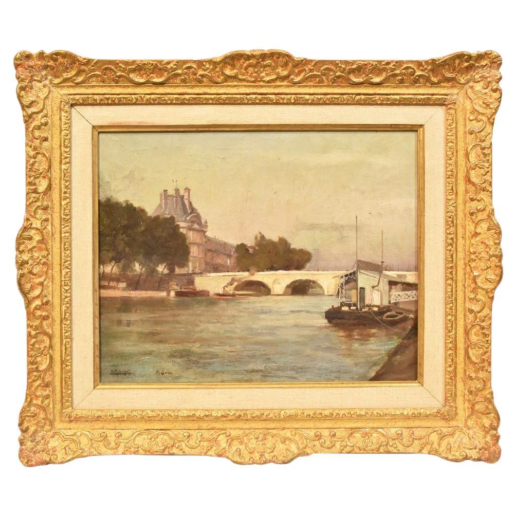Peinture de maître ancienne, paysage avec le Pont Neuf de Paris, huile sur toile, fin du 19e siècle.