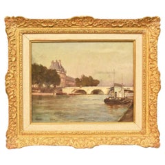 Peinture de maître ancienne, paysage avec le Pont Neuf de Paris, huile sur toile, fin du 19e siècle.