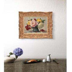 Peinture ancienne, petit tableau de fleurs de roses, huile sur toile, fin du 19e siècle.