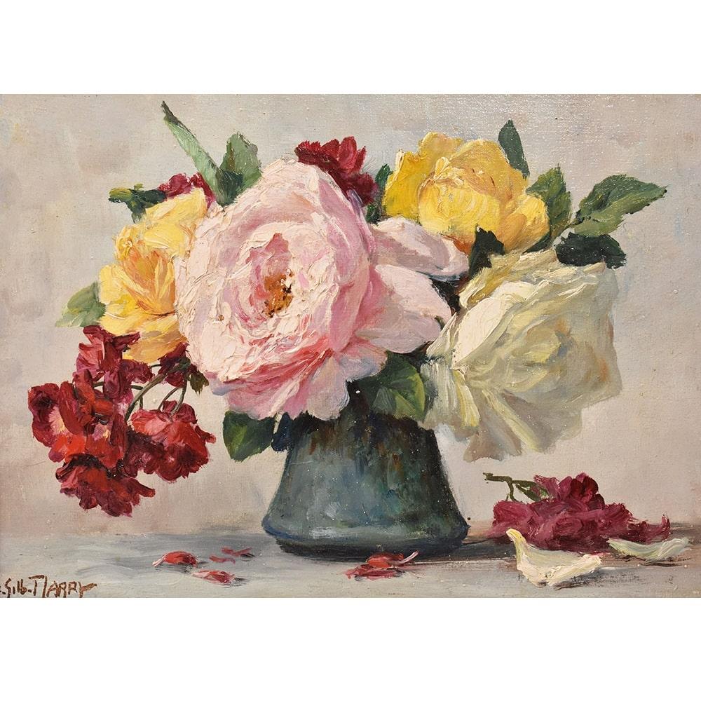 Art Nouveau Antique Painting, Small Picture Of Flowers Of Roses, Oil On Canvas, late 19th century. For Sale