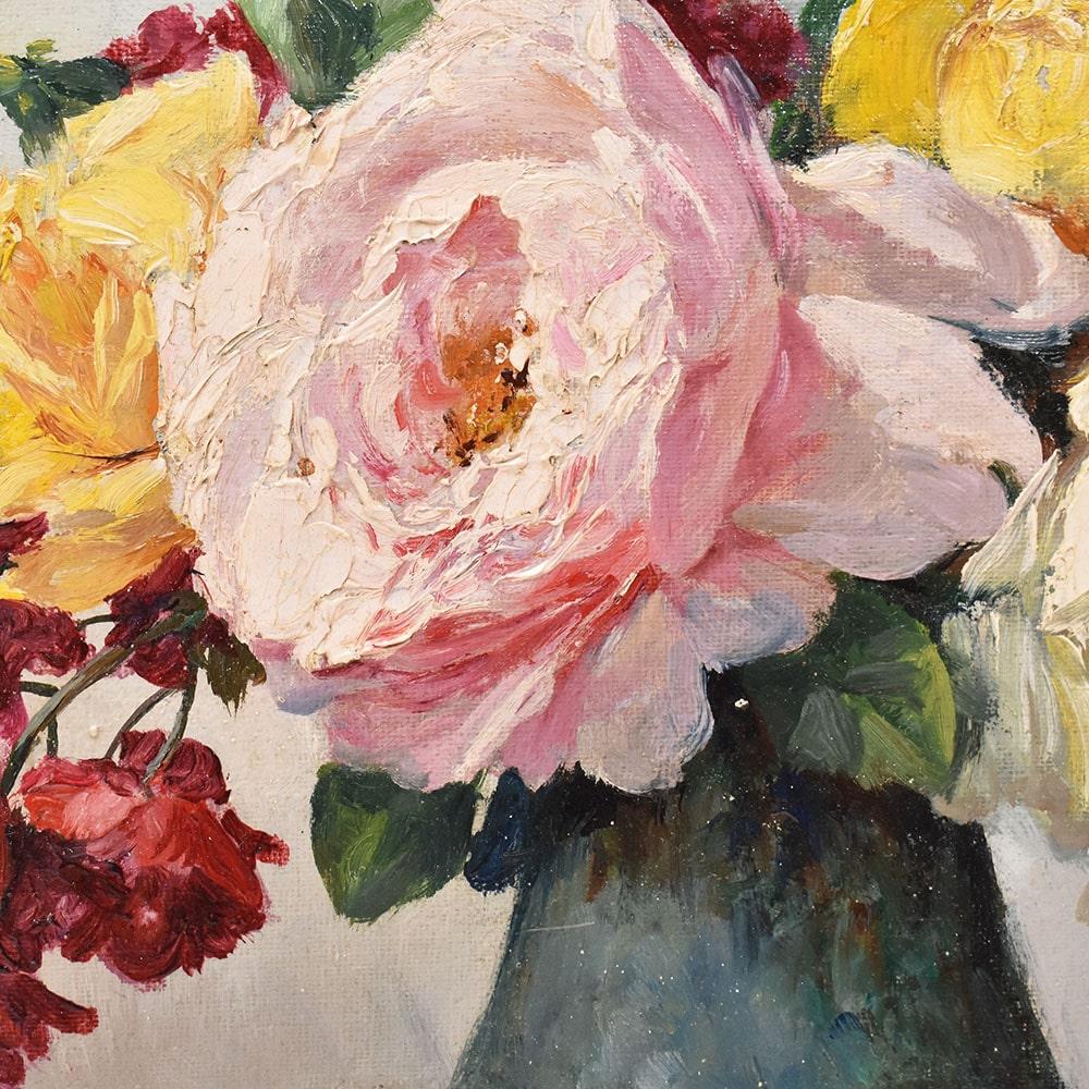 French Antique Painting, Small Picture Of Flowers Of Roses, Oil On Canvas, late 19th century. For Sale