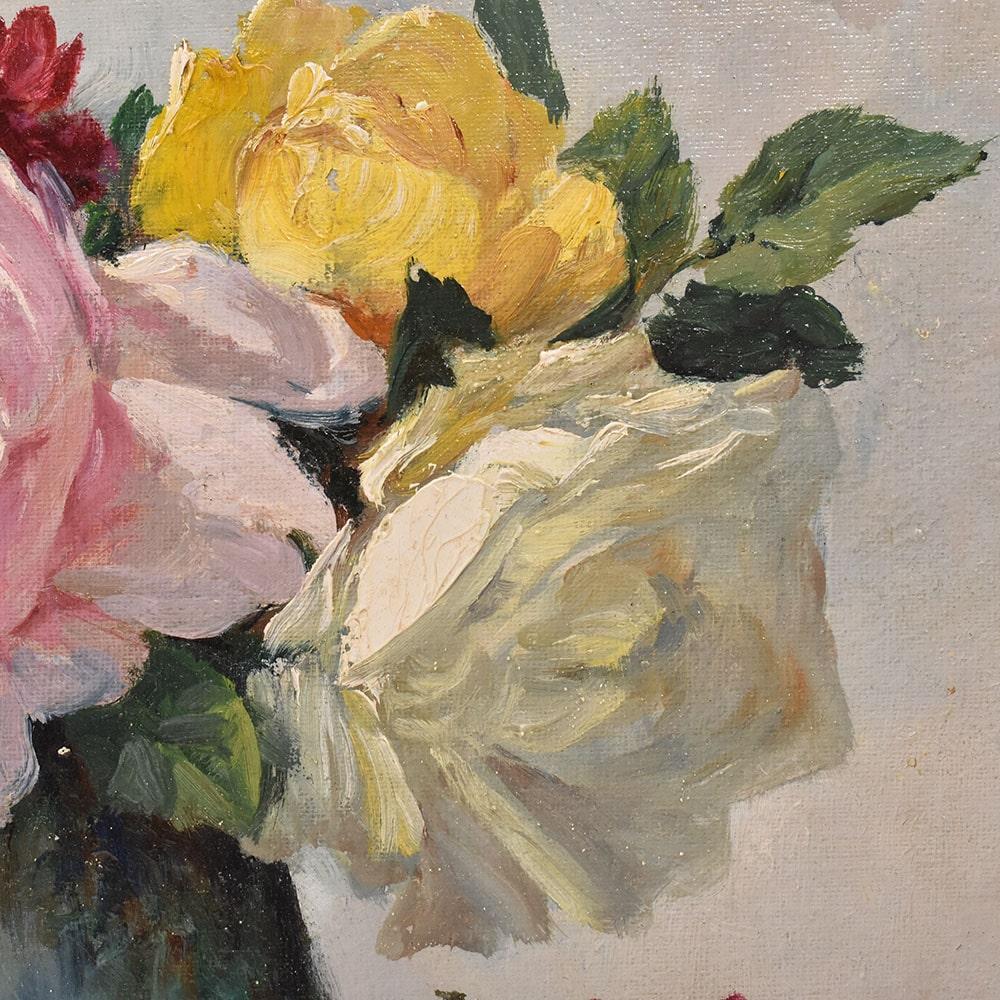 Oiled Antique Painting, Small Picture Of Flowers Of Roses, Oil On Canvas, late 19th century. For Sale