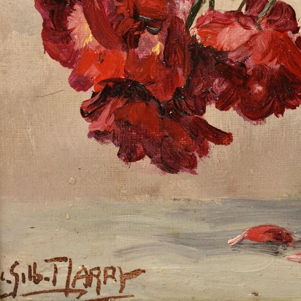 19th Century Antique Painting, Small Picture Of Flowers Of Roses, Oil On Canvas, late 19th century. For Sale