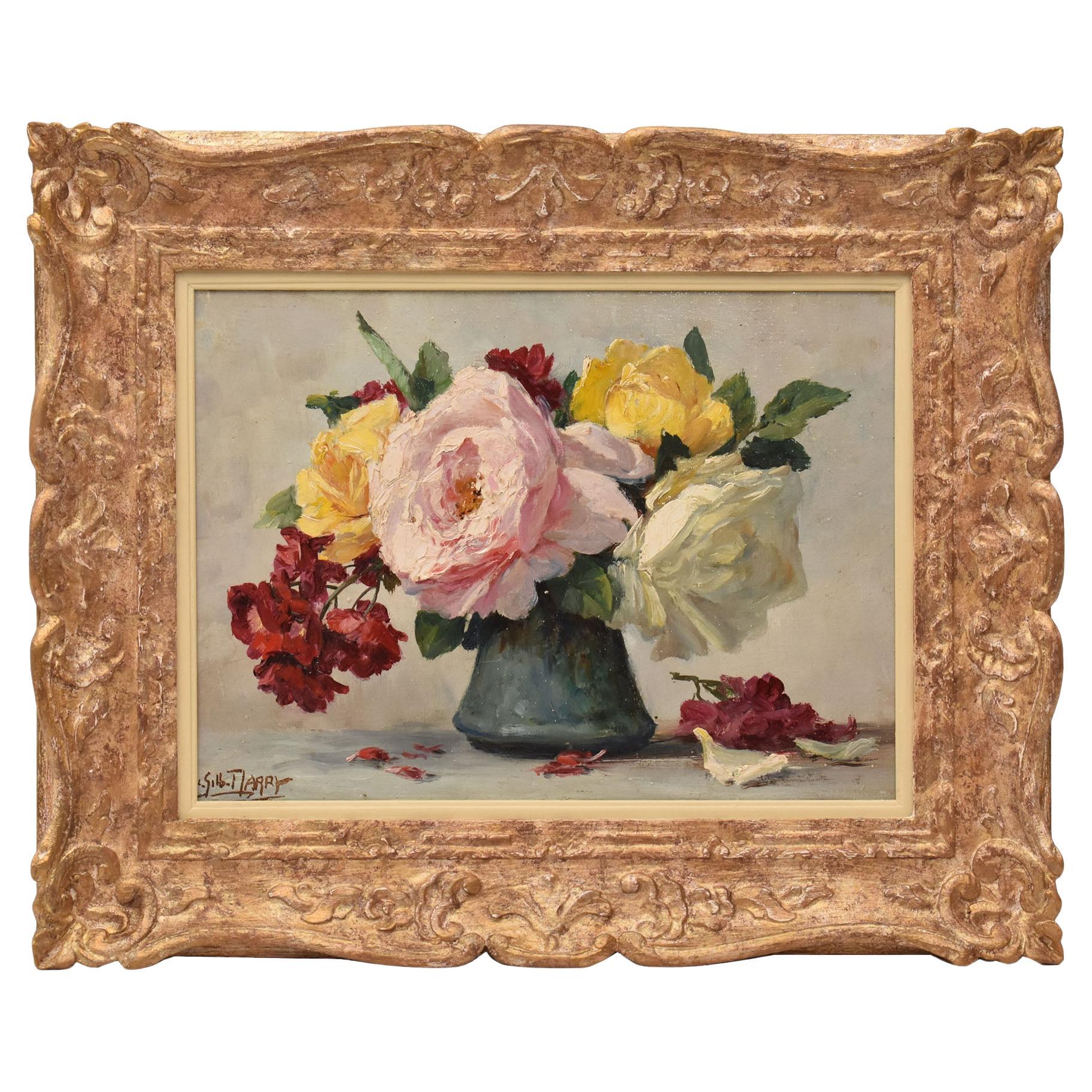 Dipinto Antico, Piccolo Quadro Di Fiori Di Rose, Olio Su Tela, Fine Ottocento.