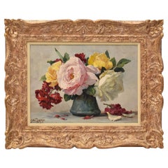 Antique Painting, Small Picture Of Flowers Of Roses, Oil On Canvas, late 19th century.