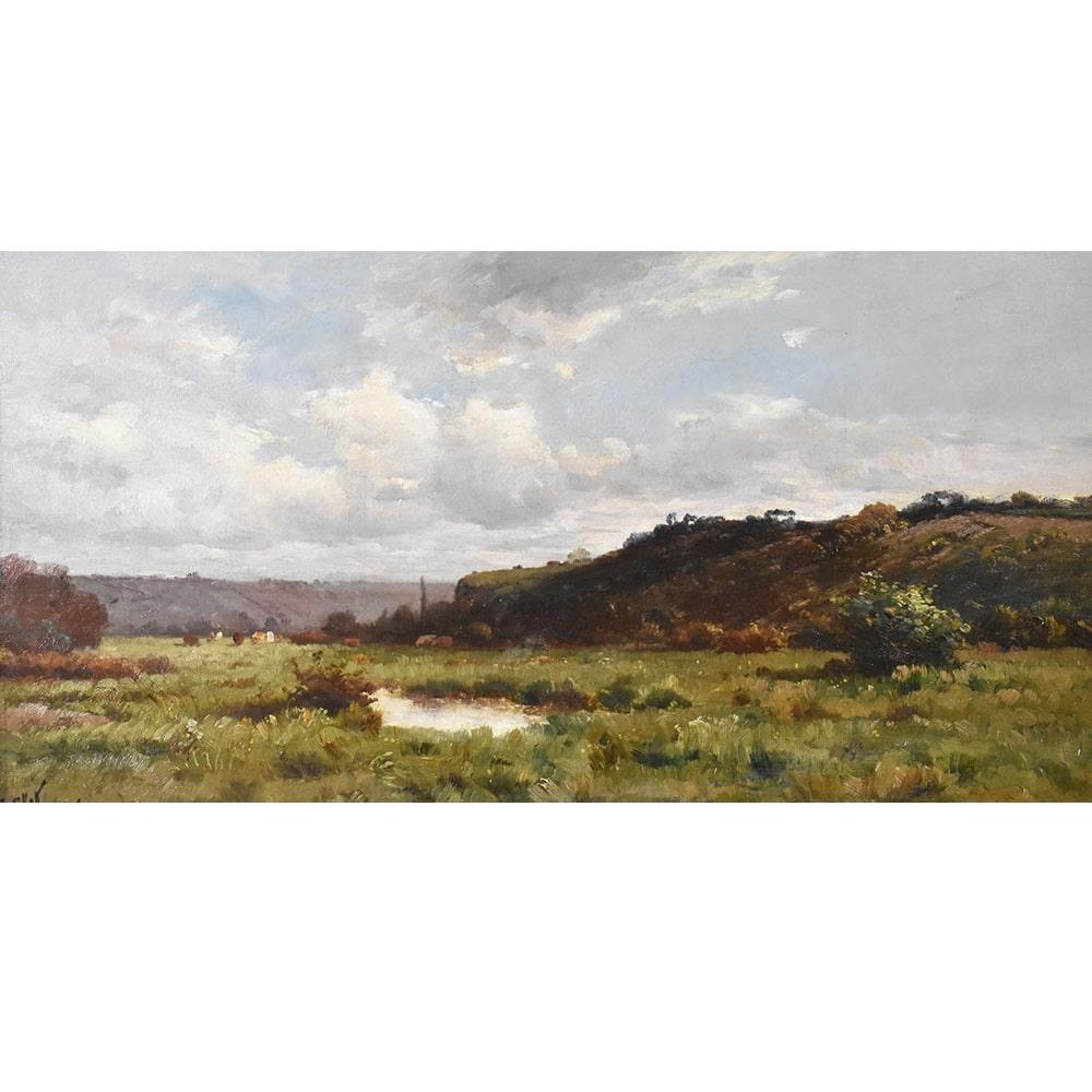 La categoría Pinturas de maestros antiguos, Paisaje con lago pequeño, presenta una Pintura al óleo sobre lienzo de finales del siglo XIX.

Pinturas antiguas de paisajes con un cuadro en un entorno naturalista, paisaje con colinas, siglo XIX.

Se