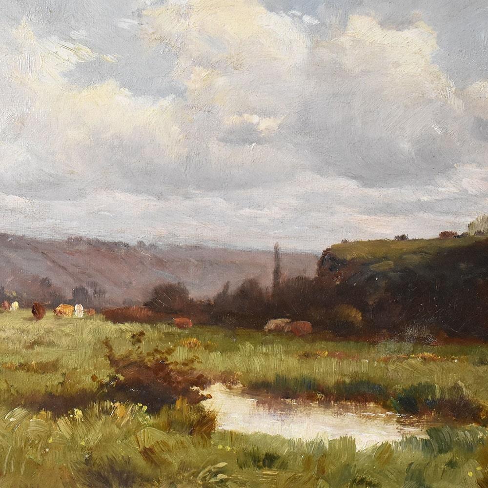 Pintura Antigua, Pintura Con Paisaje Y Pequeño Lago, Oleo Sobre Lienzo,  Siglo XIX. French en venta