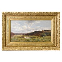 Peinture ancienne, peinture avec paysage et petit lac, huile sur toile,  XIXe siècle.