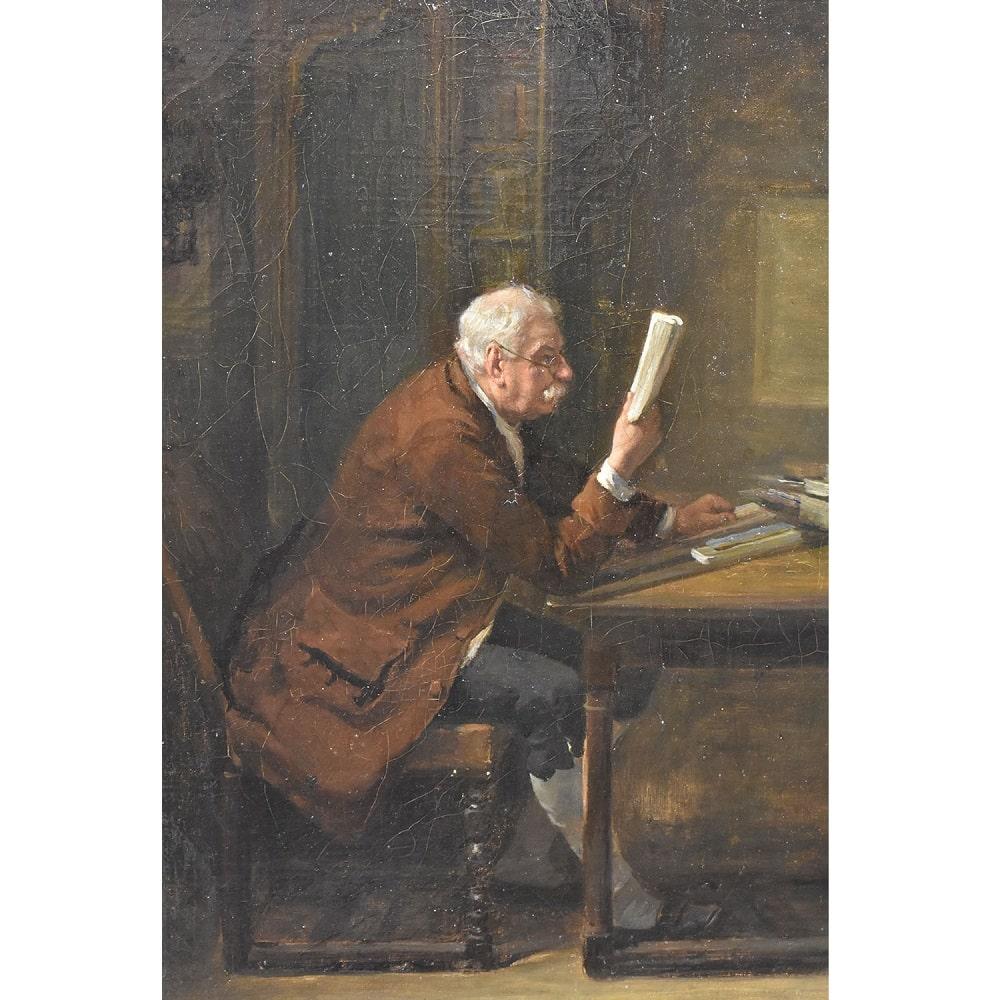 La catégorie des peintures anciennes est celle des peintures à l'huile sur toile du 19e siècle.
Elle représente une scène d'intérieur, un décor du 19e siècle avec un homme et une femme 
Homme âgé lisant des livres dans son bureau.

Le tableau ancien