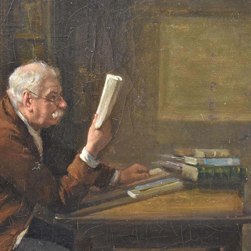 Français Peinture ancienne, Portrait d'un homme lisant, Huile sur toile, 19ème siècle. en vente