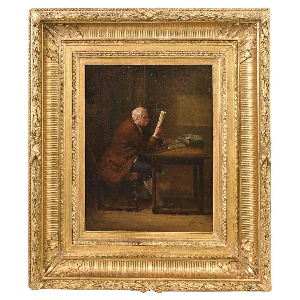 Peinture ancienne, Portrait d'un homme lisant, Huile sur toile, 19ème siècle. en vente