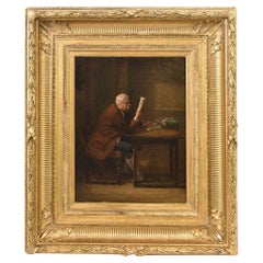 Peinture ancienne, Portrait d'un homme lisant, Huile sur toile, 19ème siècle.