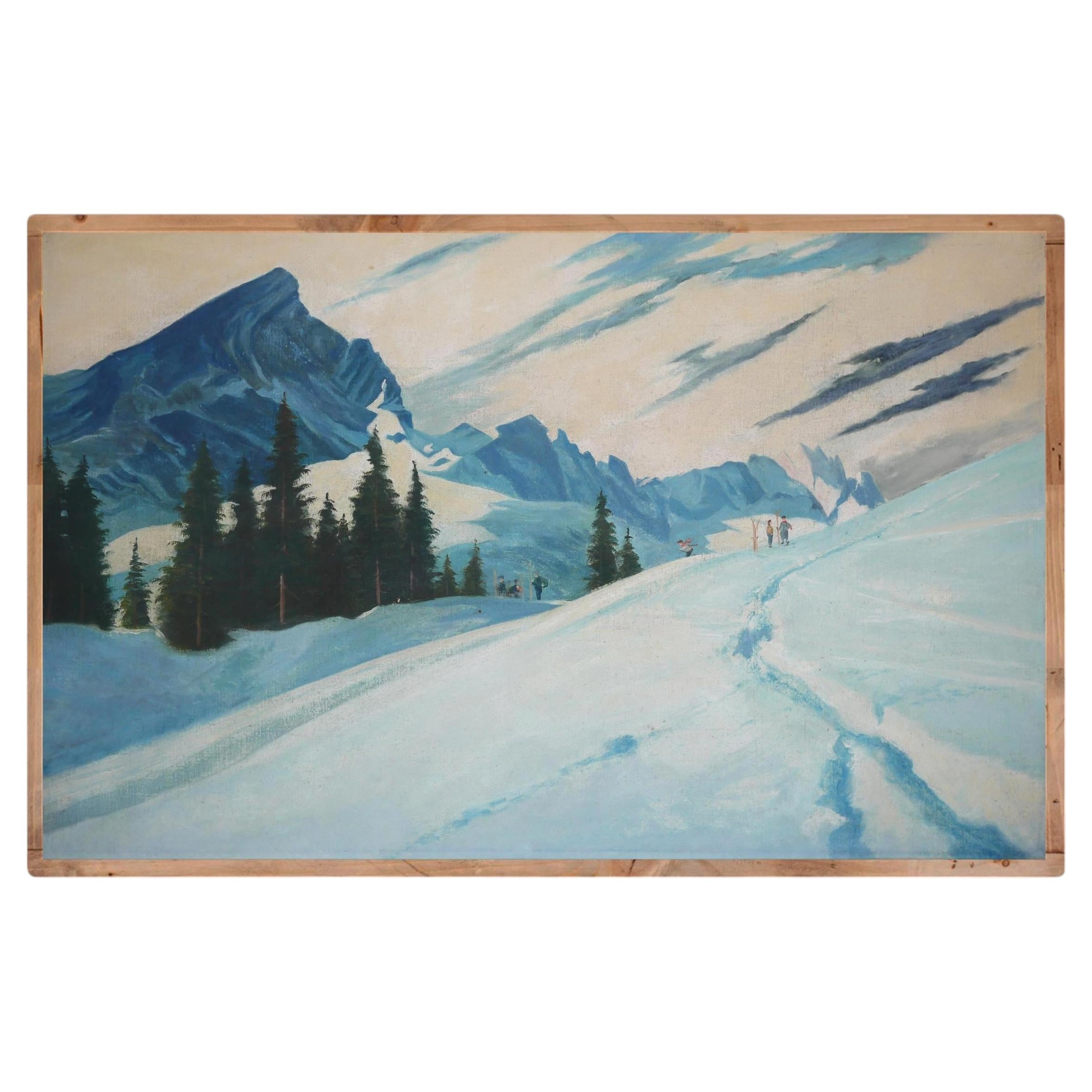 Peinture ancienne "Skieurs à Garmisch, Alpspitze, Adalbert Wex" - début du 20e siècle