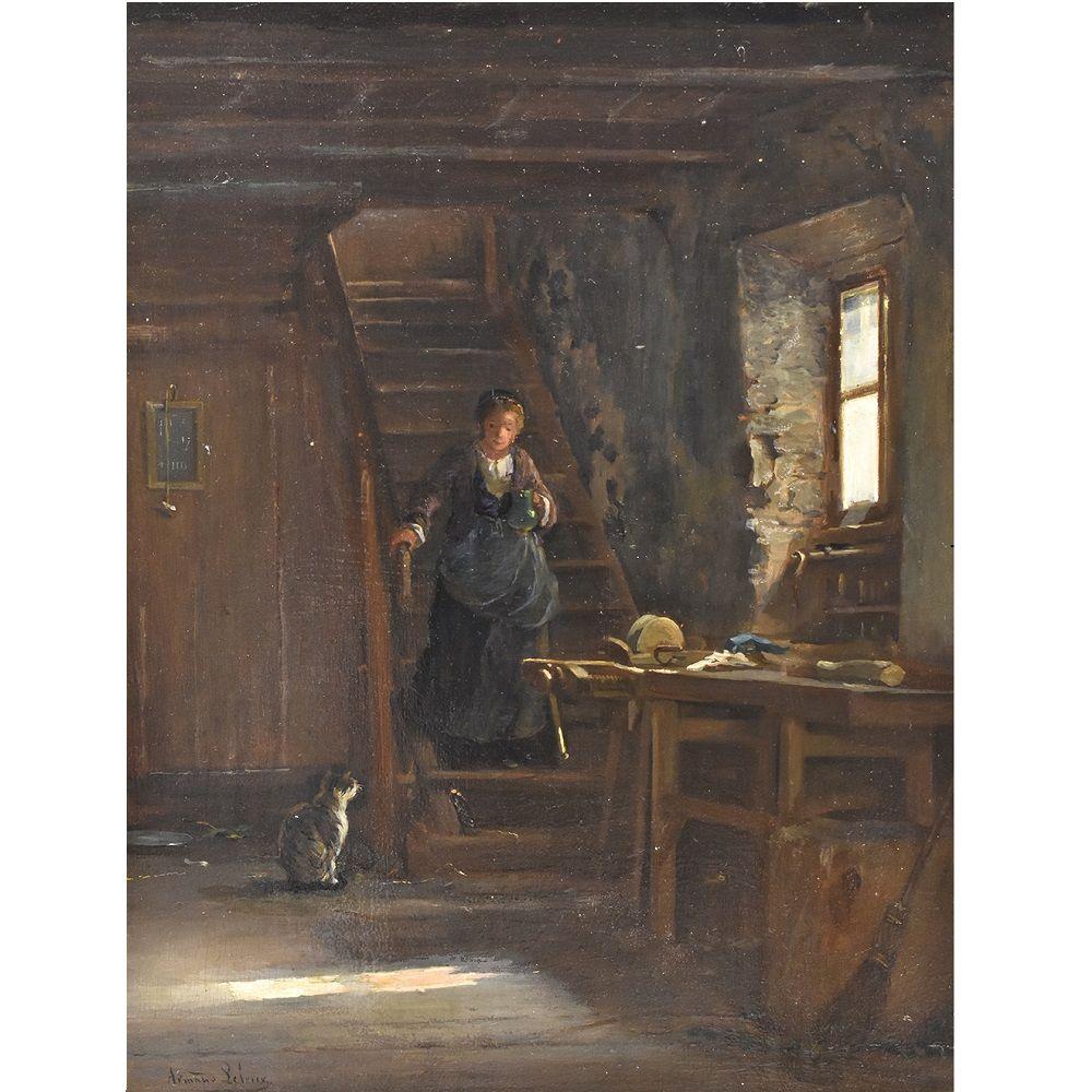 The antique paintings category is oil painting on panel from the 19th century, 19th century.

It depicts an interior scene with a woman descending a ladder into a domestic room where there is a cat and a carpenter's table.

The antique painting is