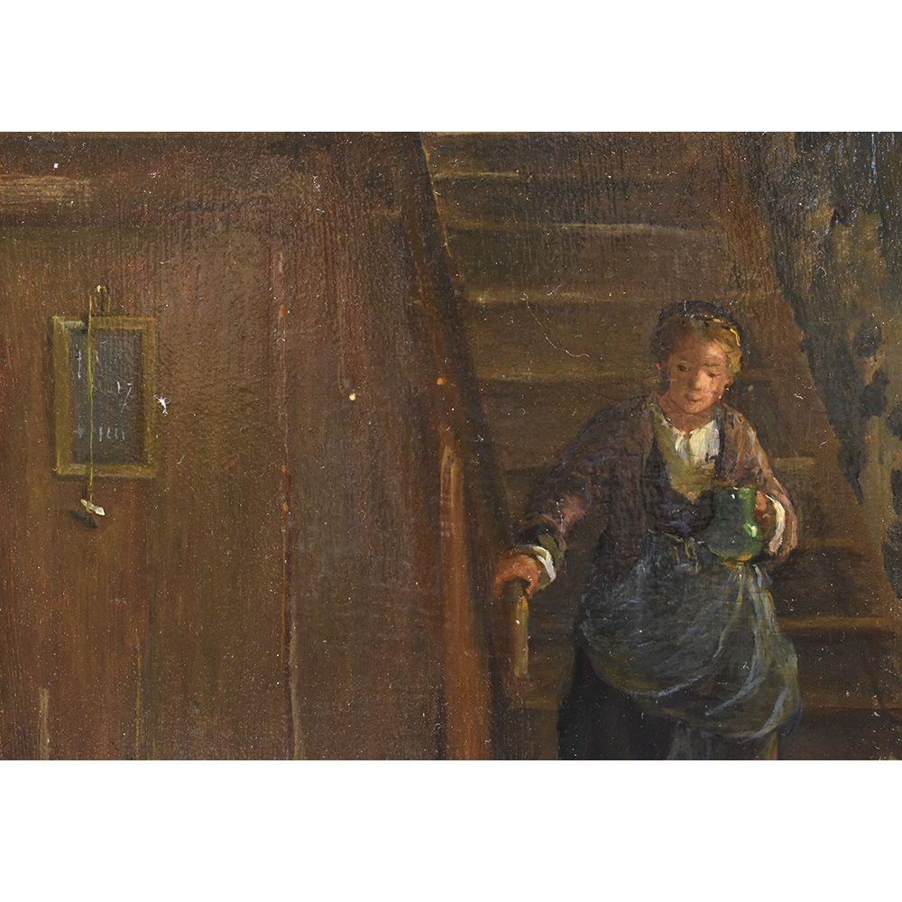 Louis Philippe Antique Painting, Room Of Castle With Woman And Cat, Oil On Board, 19th . For Sale