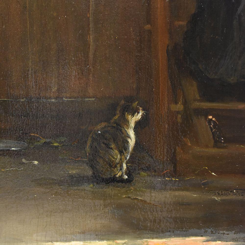 Oiled Antique Painting, Room Of Castle With Woman And Cat, Oil On Board, 19th . For Sale