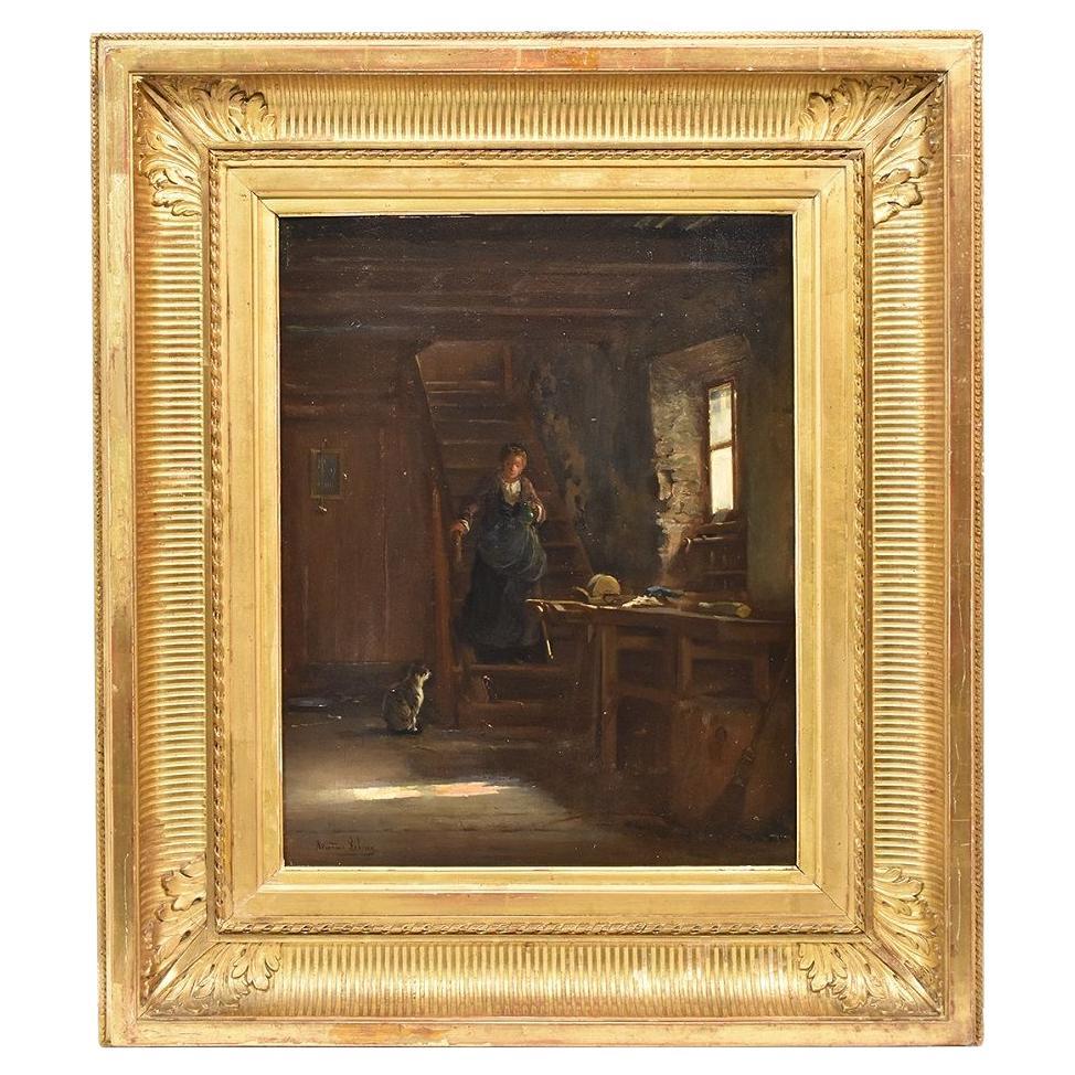 Dipinto Antico, Stanza Di Castello Con Donna E Gatto, Olio Su Tavola, XIX .