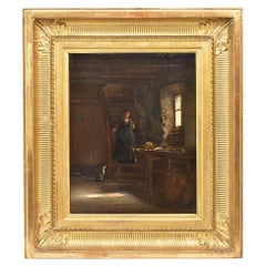 Dipinto Antico, Stanza Di Castello Con Donna E Gatto, Olio Su Tavola, XIX .