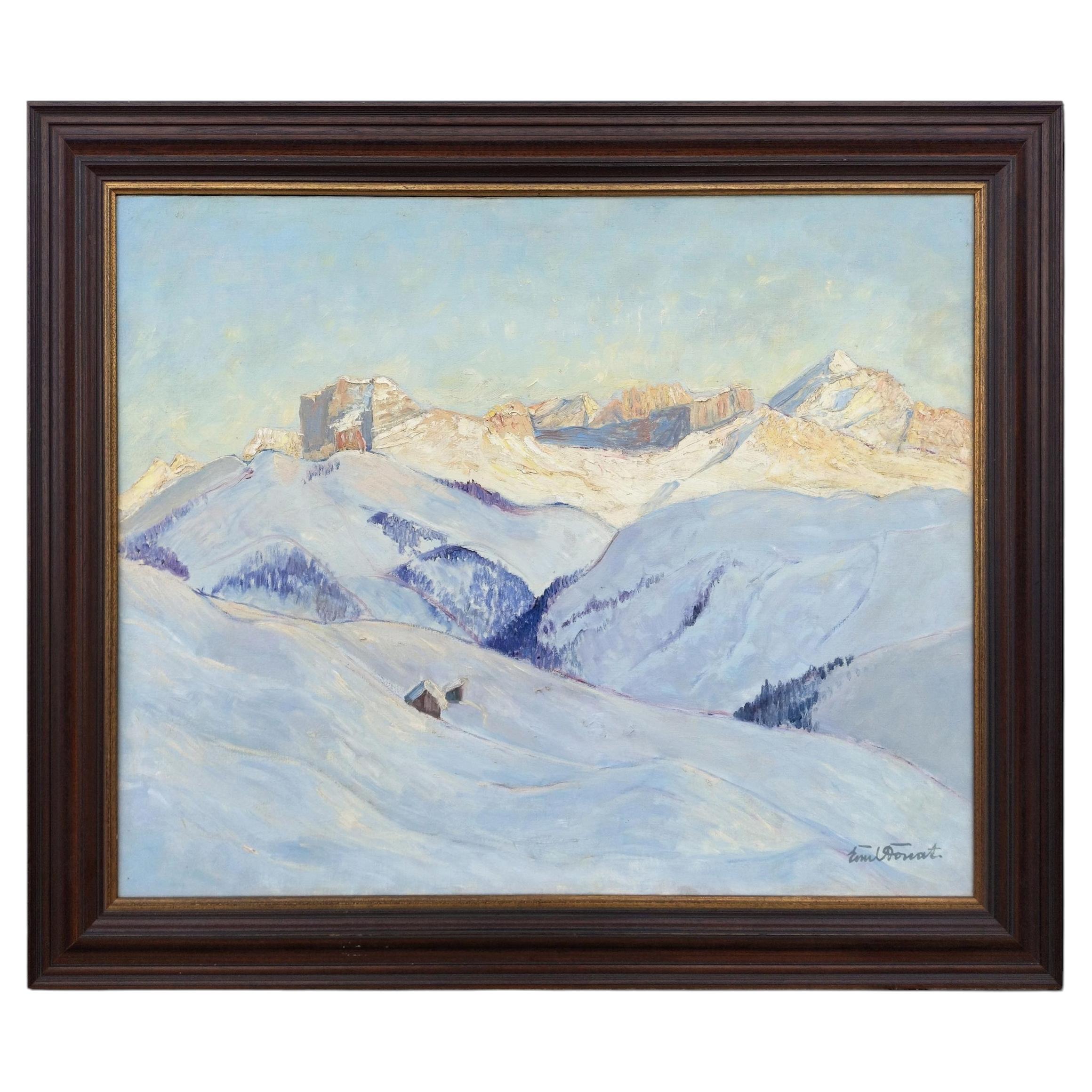 Tableau ancien "Coucher de soleil sur les Dolomites, Emil Donat" - Début du XXème siècle en vente