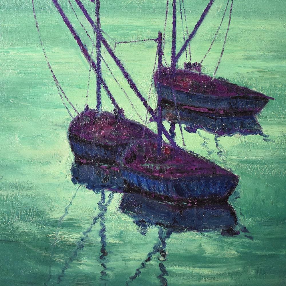 French Dipinto Del Novecento, Marina Con Barche, Olio Su Tela, Metà Del XX Secolo. in vendita