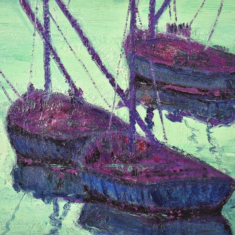 A olio Dipinto Del Novecento, Marina Con Barche, Olio Su Tela, Metà Del XX Secolo. in vendita
