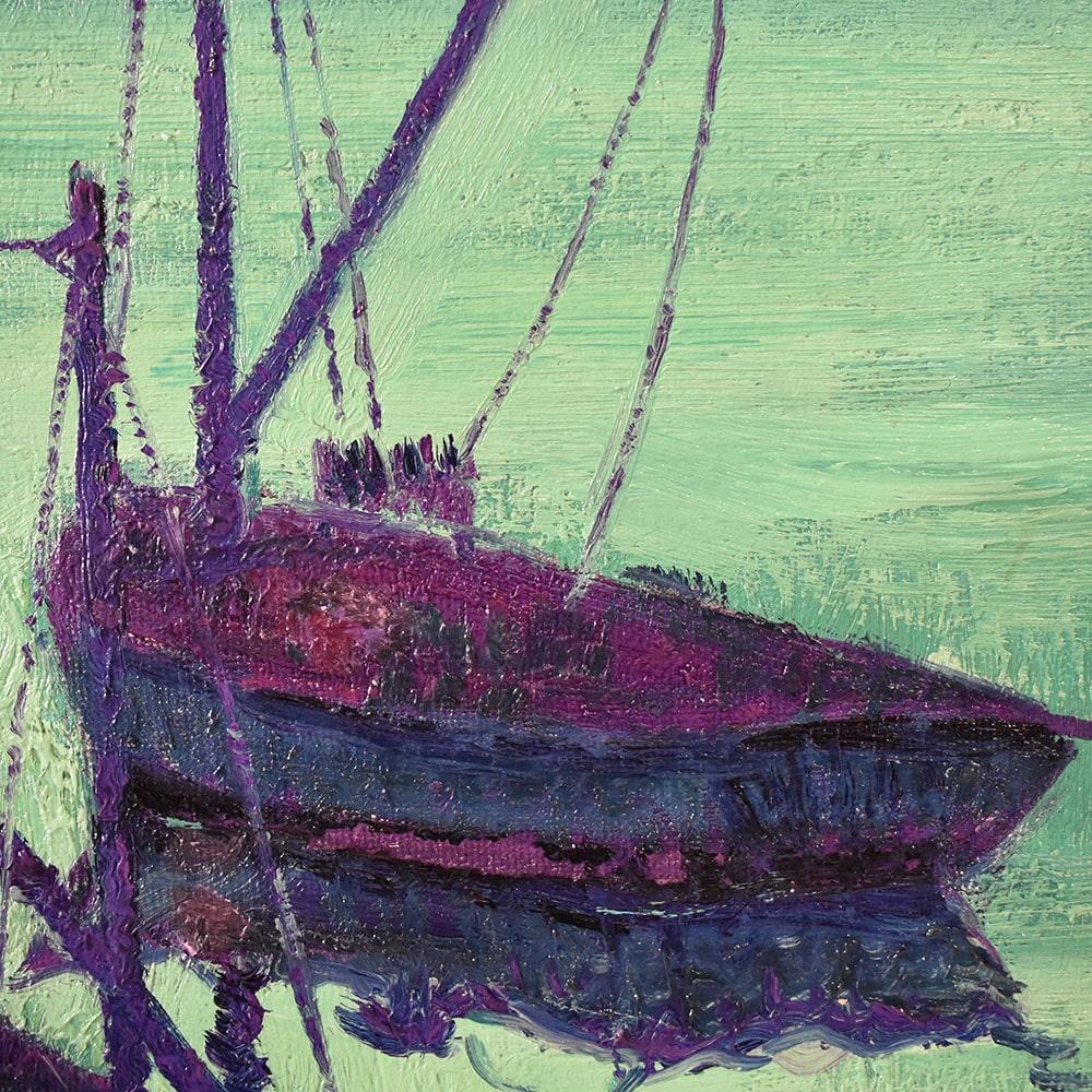 Dipinto Del Novecento, Marina Con Barche, Olio Su Tela, Metà Del XX Secolo. In condizioni buone in vendita a Breganze, VI