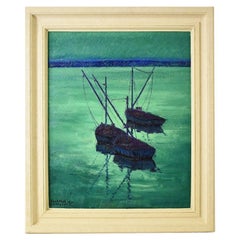 Vintage Twentieth Century Painting, Navy With Boats, Oil On Canvas, Mid-20th Century.