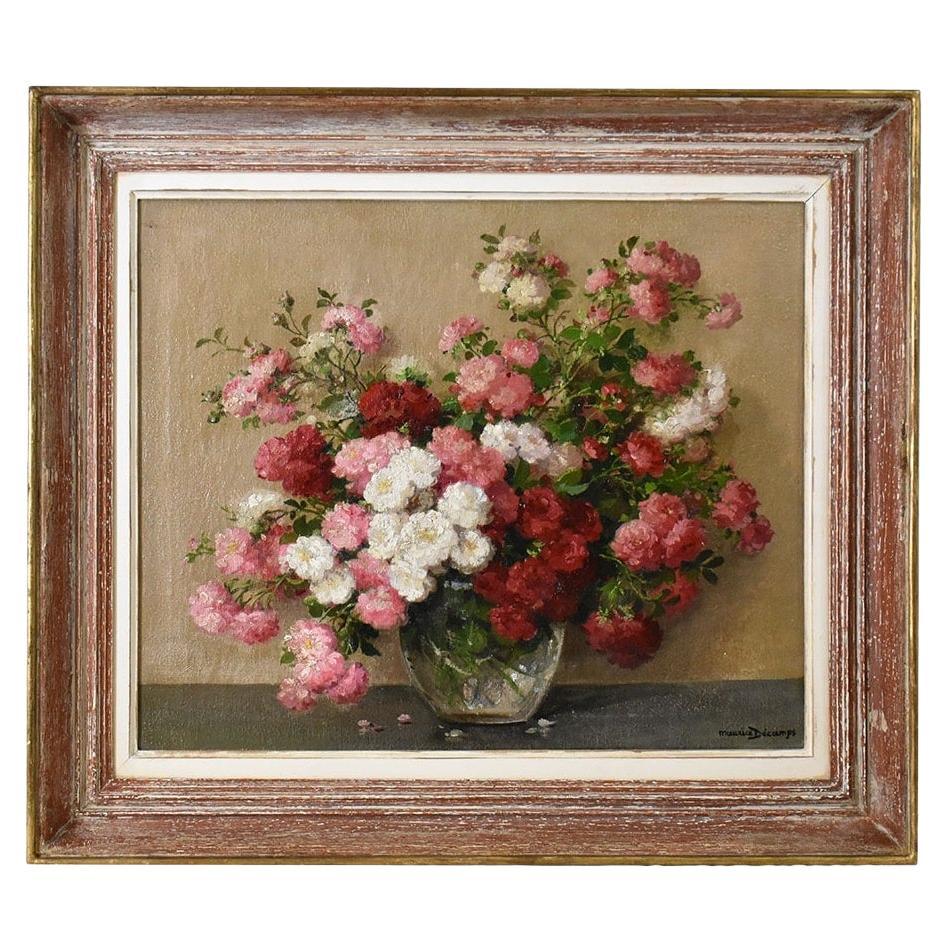 Twentieth Century Painting, Still Life with Roses, Oil On Canvas, Art Deco, 20th Century. For Sale