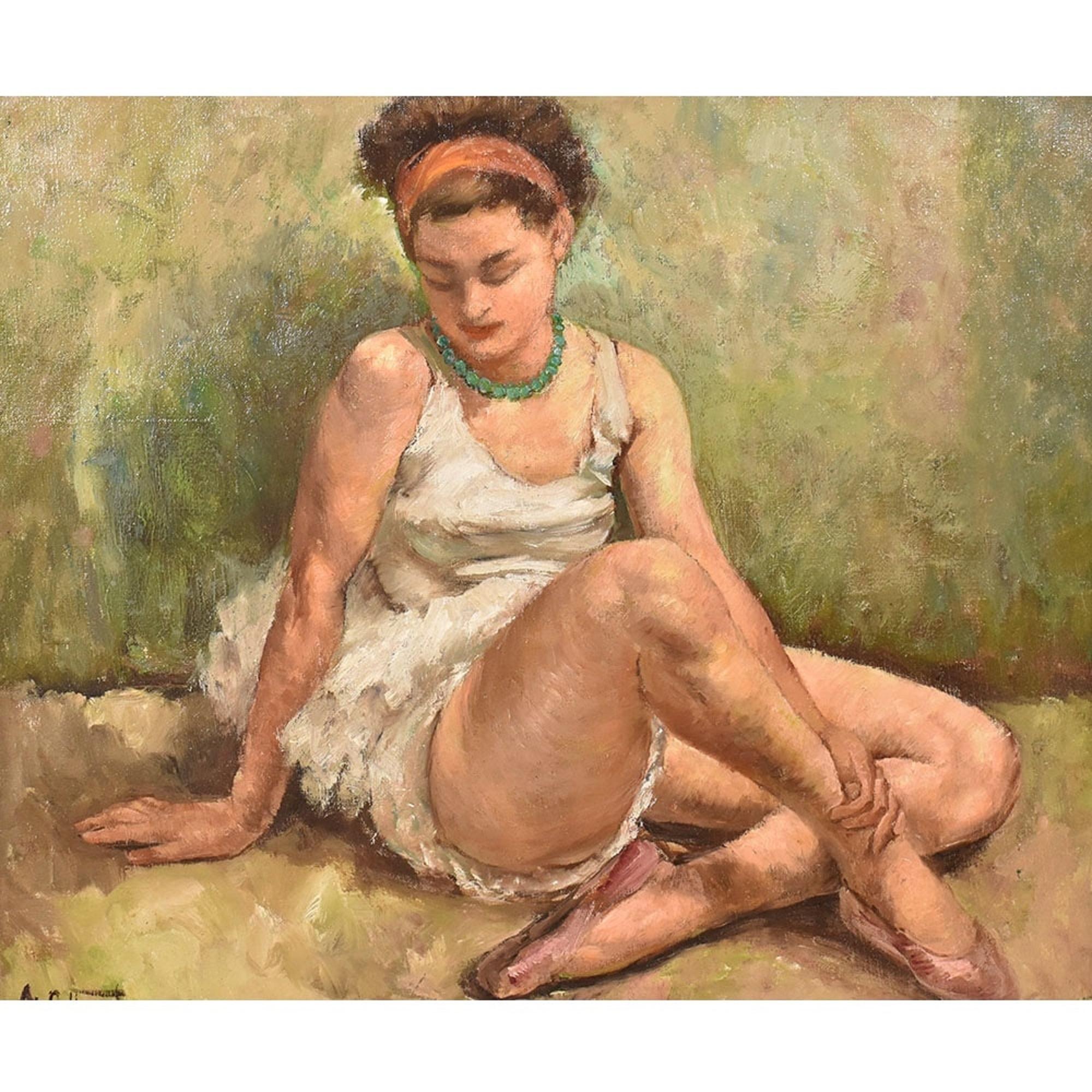 Die Kategorie Antike Frauenporträts bietet ein Porträt eines schönen jungen Mädchens,

eine Balletttänzerin, die sich ausruht. Ölgemälde auf Leinwand aus dem 20. Jahrhundert, Epoche des Art déco. 

Es handelt sich um Porträts von Dama, einer jungen