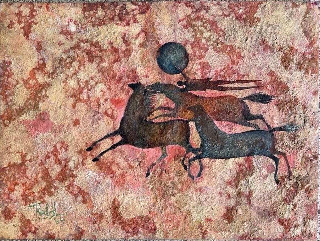 Mixed media on panel, depicting a fantasy scene consisting of three running horses accompanied by a male figure and the sun, made by Khaled Al Rahhal in 1964. 

Khaled Al-Rahal (also referred to as Khālid al-Raḥḥāl, 1926-1987) (Arabic: خالد الرحال)