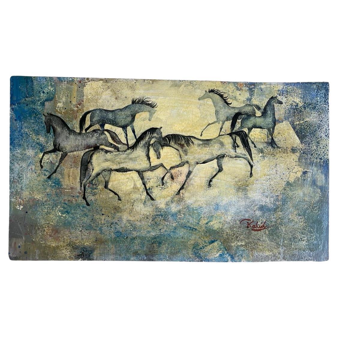 Gemälde von Khaled Al Rahal mit Pferden im Angebot