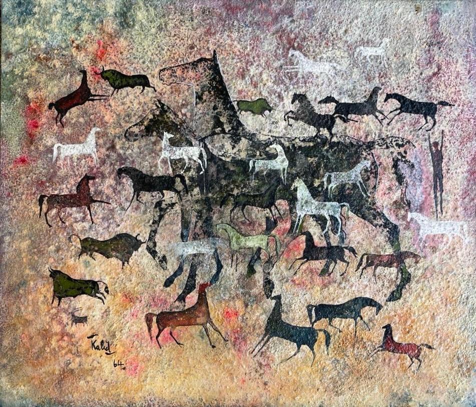 Tecnica mista su tavola, raffigurante una scena fantastica composta da cavalli, tori e una figura umana sul lato destro, realizzata da Khaled Al Rahhal nel 1964. L'autore è anche conosciuto con il nome di Kalid al Rahal o Khaled Rahhal.

Khaled