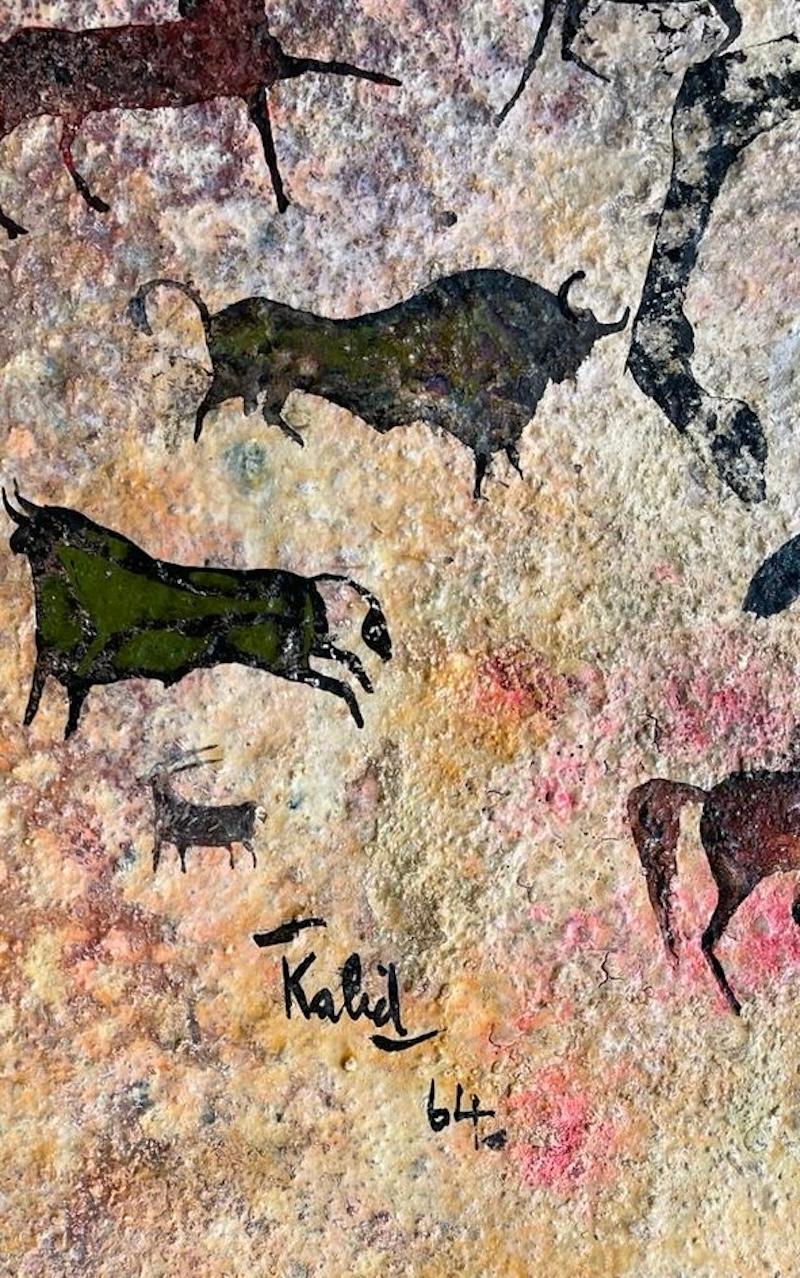 Other Dipinto di Khaled Al Rahal con cavalli, tori e figure umane For Sale