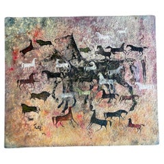 Dipinto di Khaled Al Rahal con cavalli, tori e figure umane