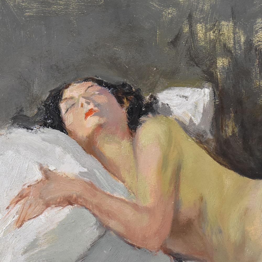 Pintura de Desnudo Femenino, Desnudo Femenino Reclinado, Óleo sobre Cartón, Art Decó, 20th. French en venta