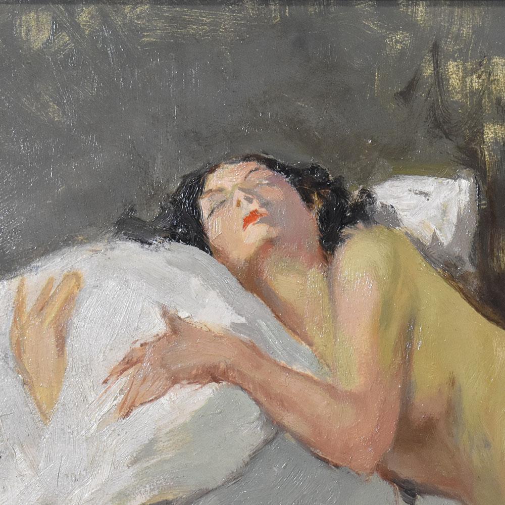 Pintura de Desnudo Femenino, Desnudo Femenino Reclinado, Óleo sobre Cartón, Art Decó, 20th. Aceitado en venta