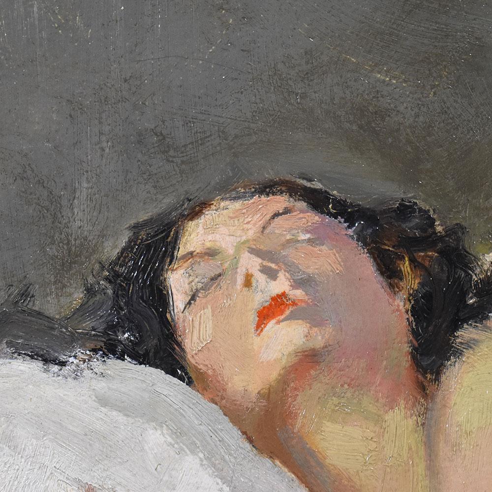 Pintura de Desnudo Femenino, Desnudo Femenino Reclinado, Óleo sobre Cartón, Art Decó, 20th. 20th Century en venta