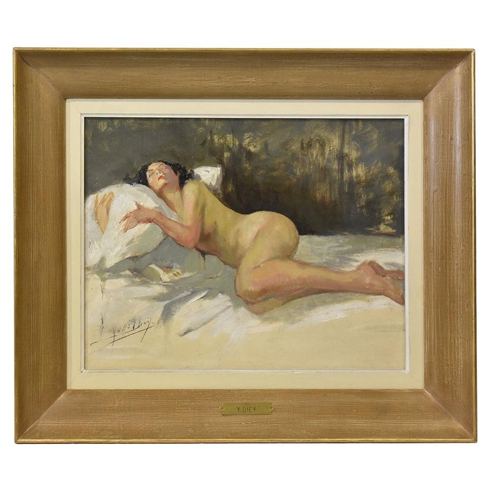 Pintura de Desnudo Femenino, Desnudo Femenino Reclinado, Óleo sobre Cartón, Art Decó, 20th.