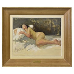 Dipinto Di Nudo Femminile, Nudo Di donna Distesa, Olio Su Cartone, Art Deco, XX.