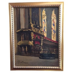 Dipinto Italiano Inizi 1900 Interno di Chiesa di Achille Cattaneo