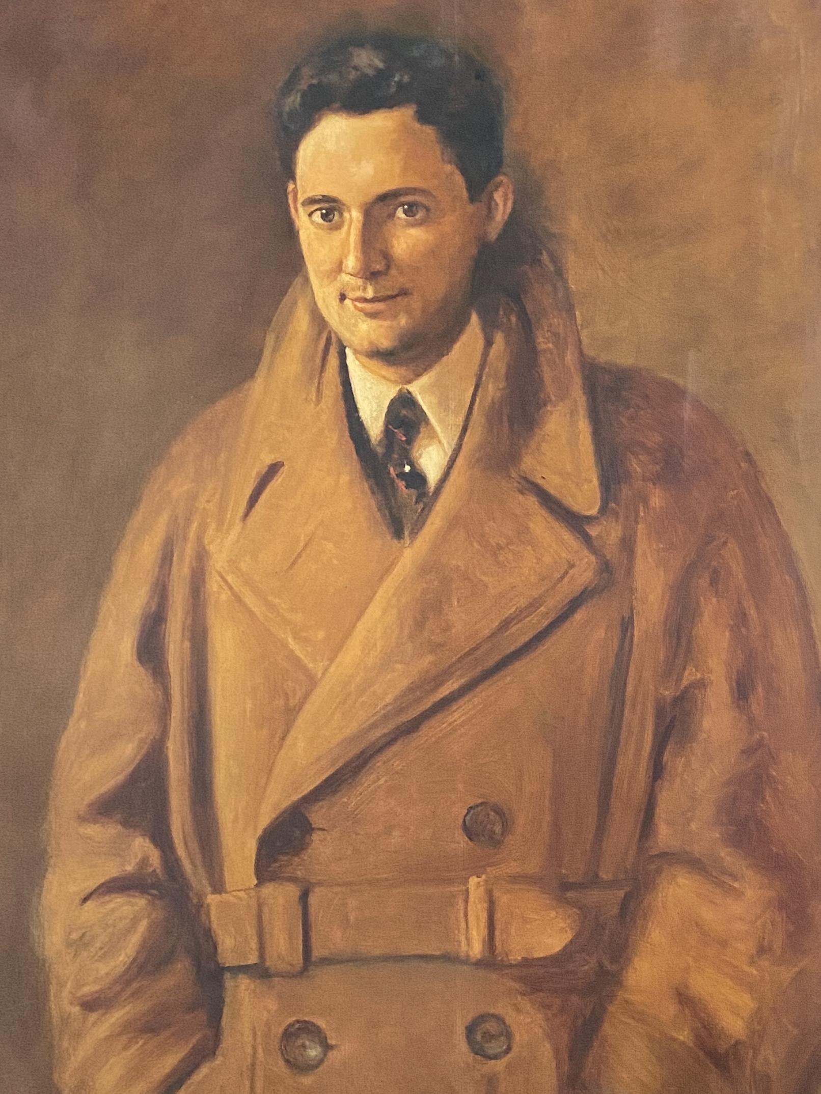 Art déco Peinture à l'huile Art Déco 'Portrait d'un homme avec mackintosh' signée, France 1934 en vente