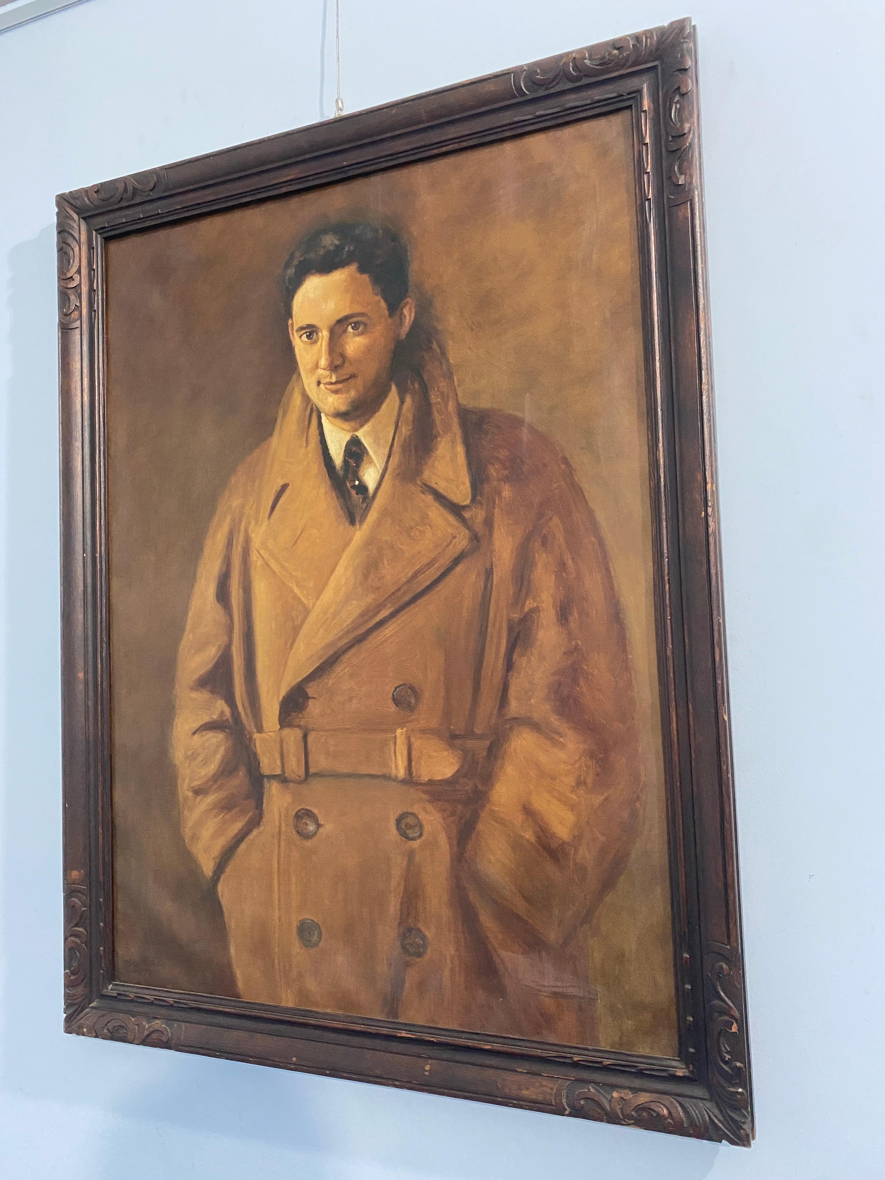 Huilé Peinture à l'huile Art Déco 'Portrait d'un homme avec mackintosh' signée, France 1934 en vente