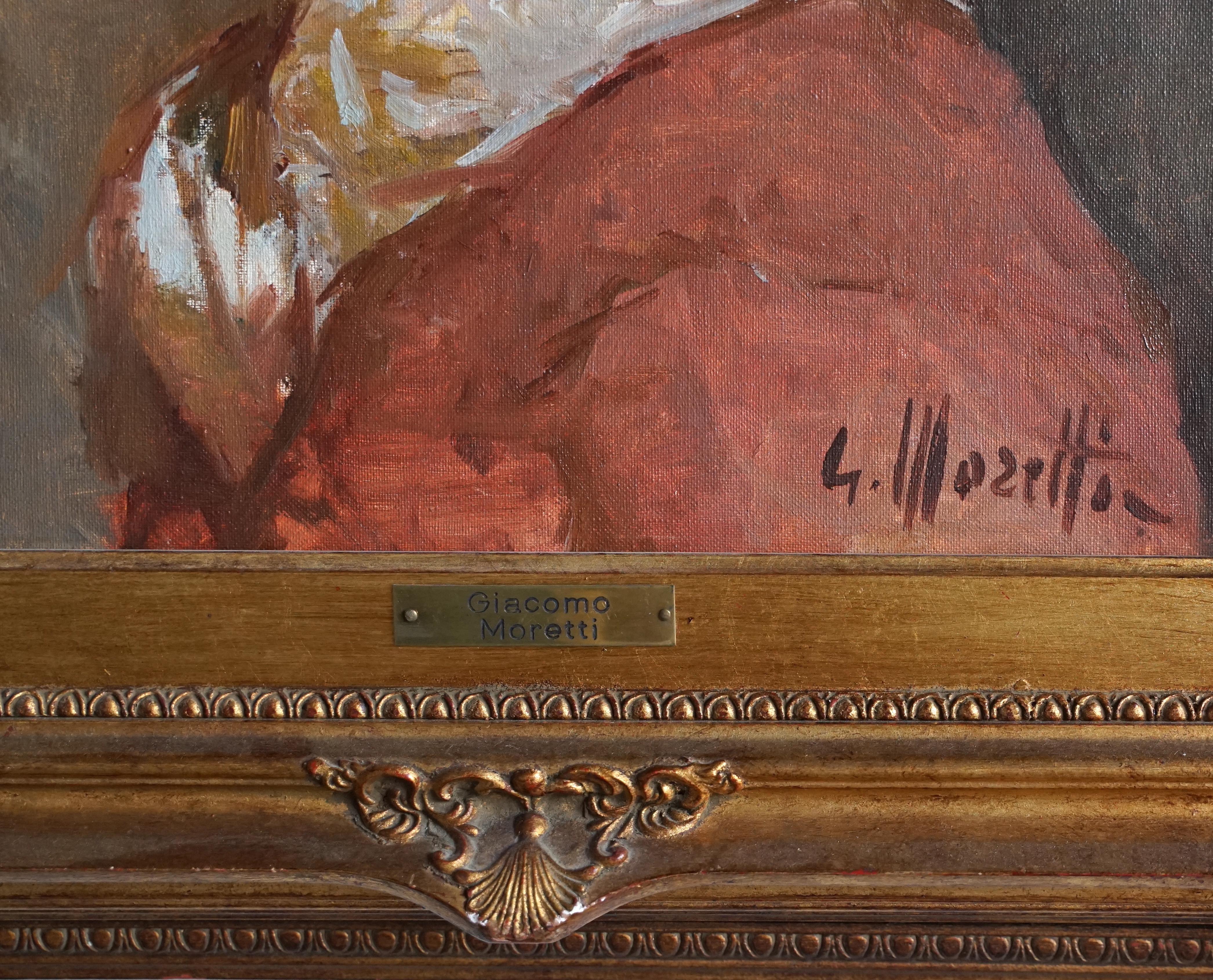 Italian Peinture à l'huile sur toile représentant une jeune femme Popolana signée Giacomo Moretti en vente
