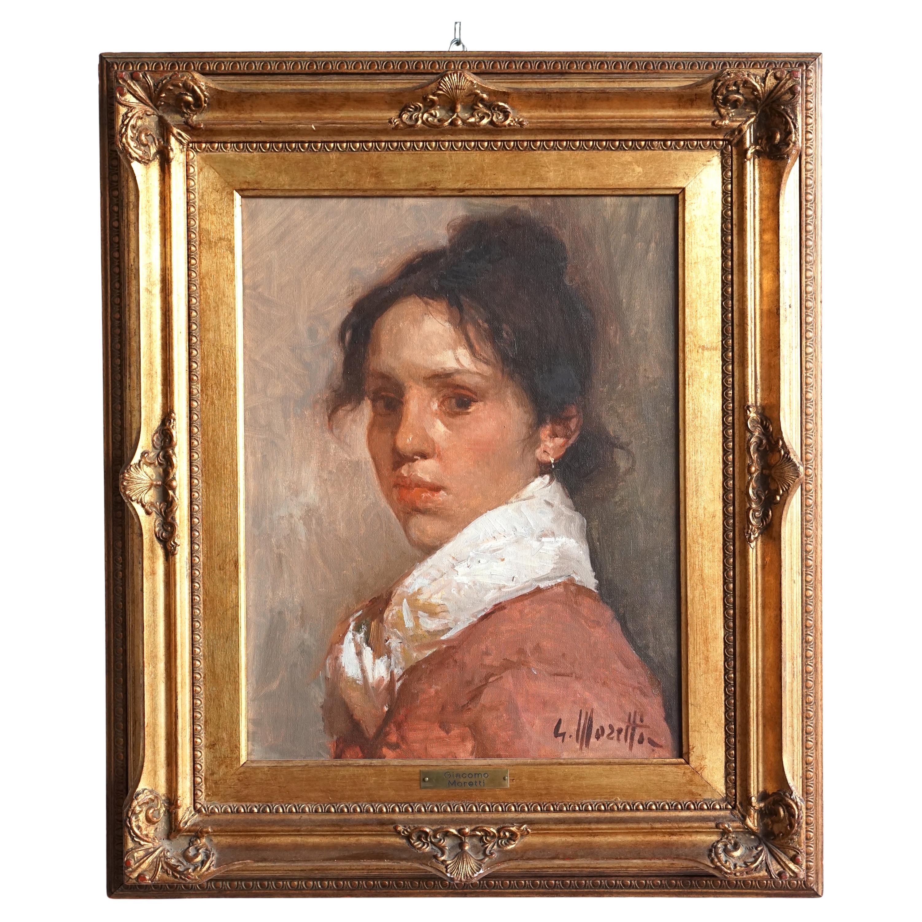 Peinture à l'huile sur toile représentant une jeune femme Popolana signée Giacomo Moretti en vente