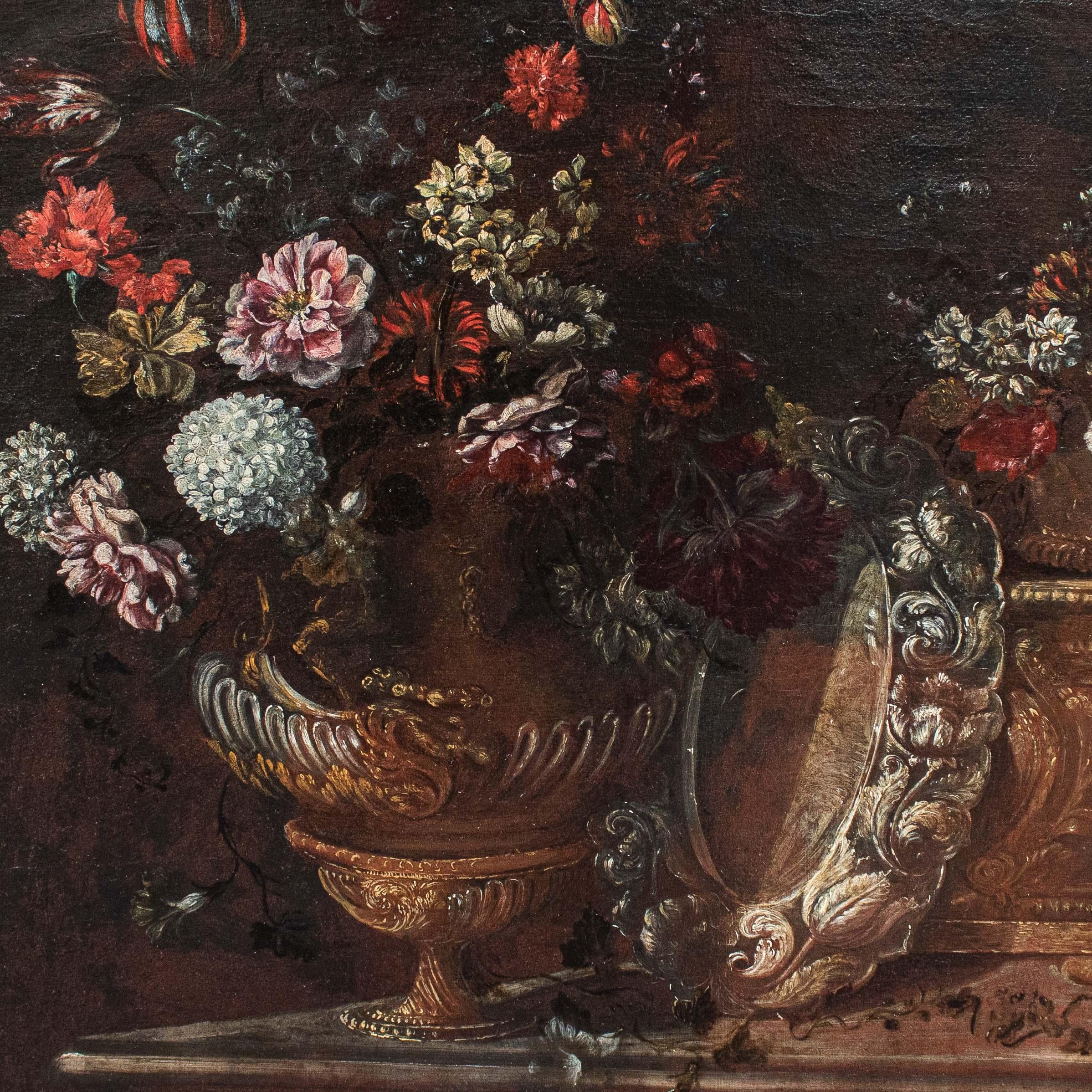 Peinture à l'huile sur toile représentant une nature morte École romaine 17e siècle en vente 6