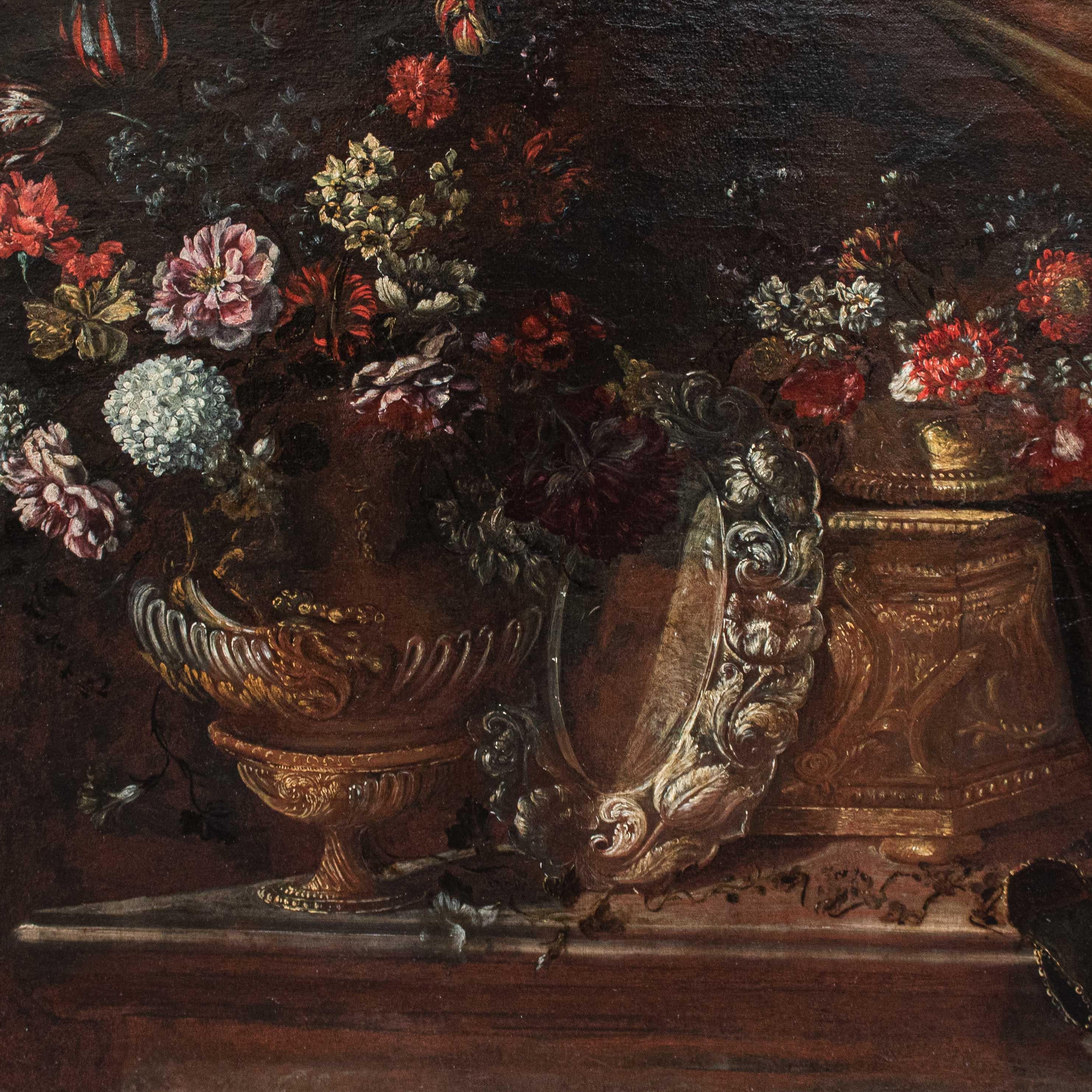 Peinture à l'huile sur toile représentant une nature morte École romaine 17e siècle en vente 11